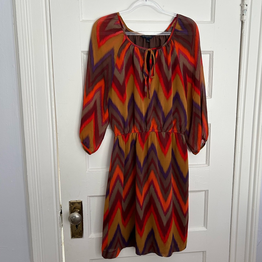 Banana Republic, Chevron-Print 3/4-Sleeve Dress in Red, Orange, Brown, Size 2